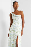 Blue White Flower One Shoulder Print Sheath Maxi Dress with Slit