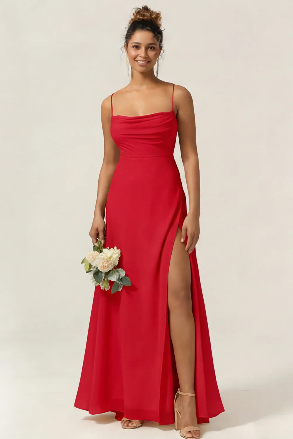 Blue Flower A Line Spaghetti Straps Chiffon Long Bridesmaid Dress with Slit