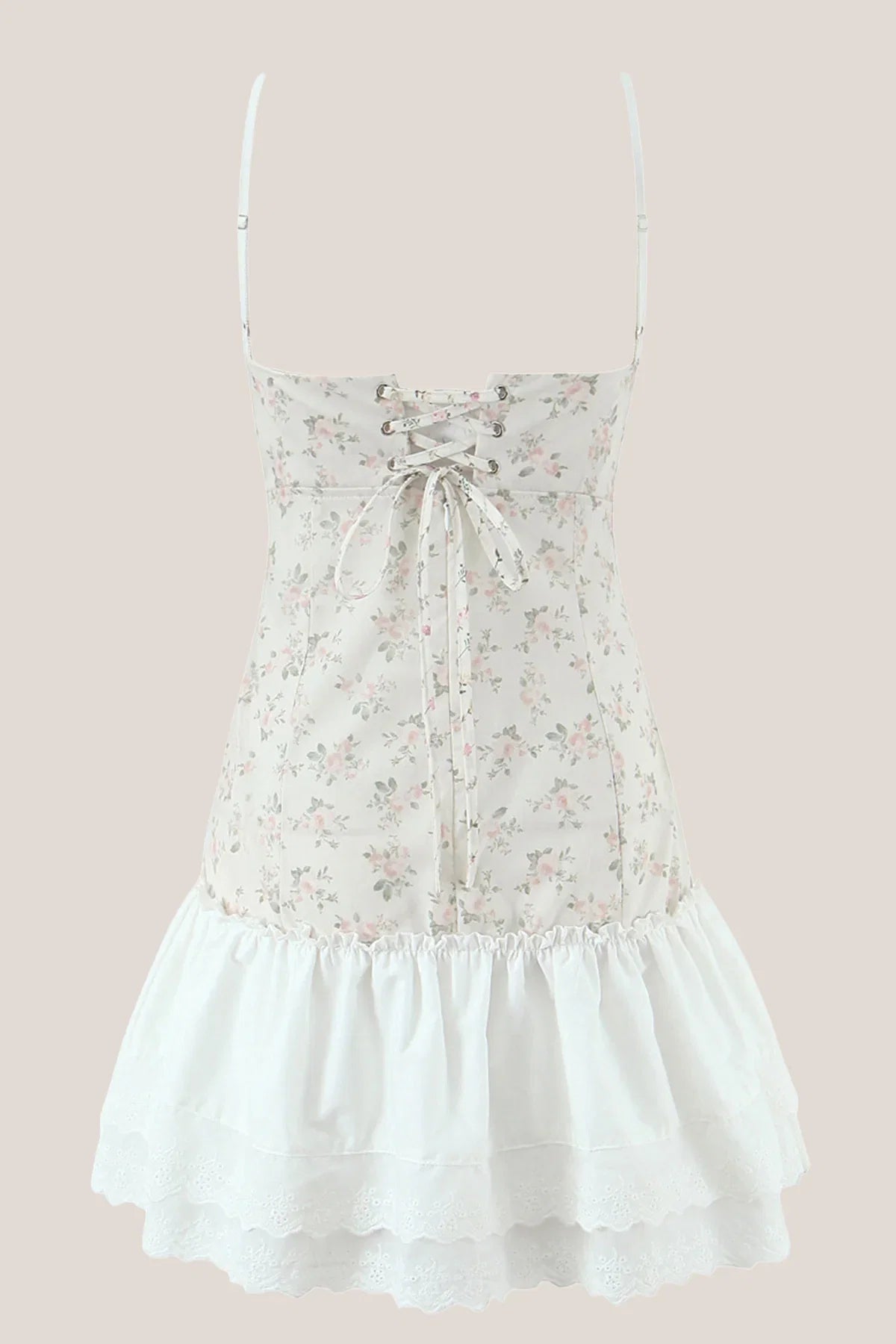 White Warm Rose Print Cotton Ruffled Mini Dress