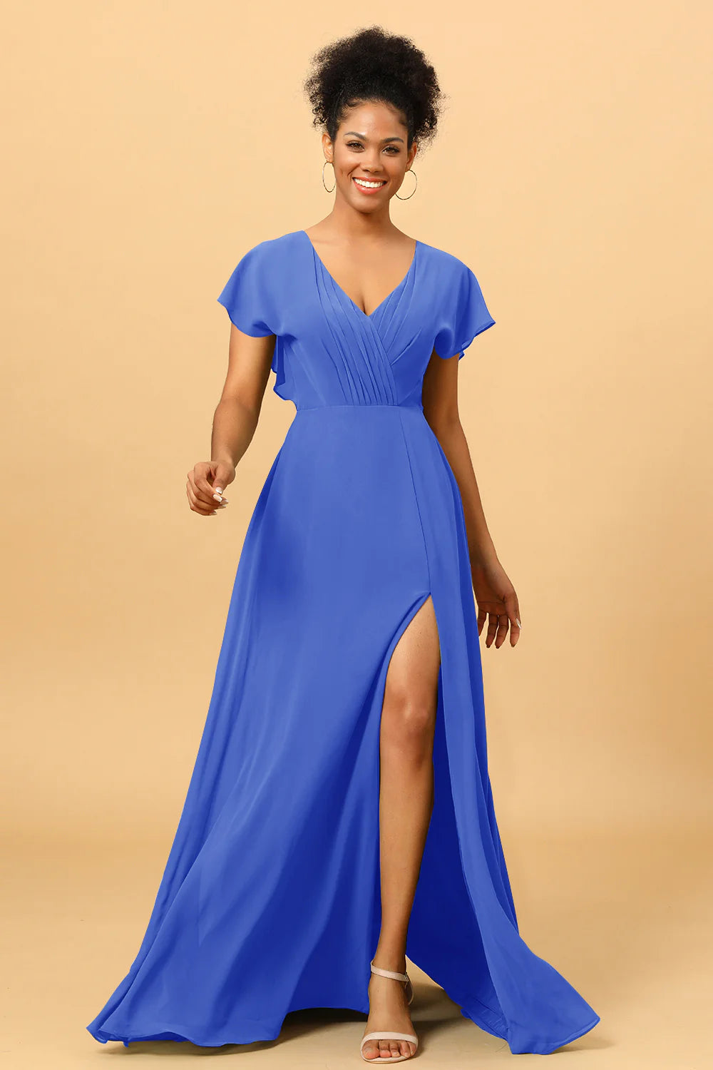 A Line V Neck Ruched Chiffon Bridesmaid Dress with Slit