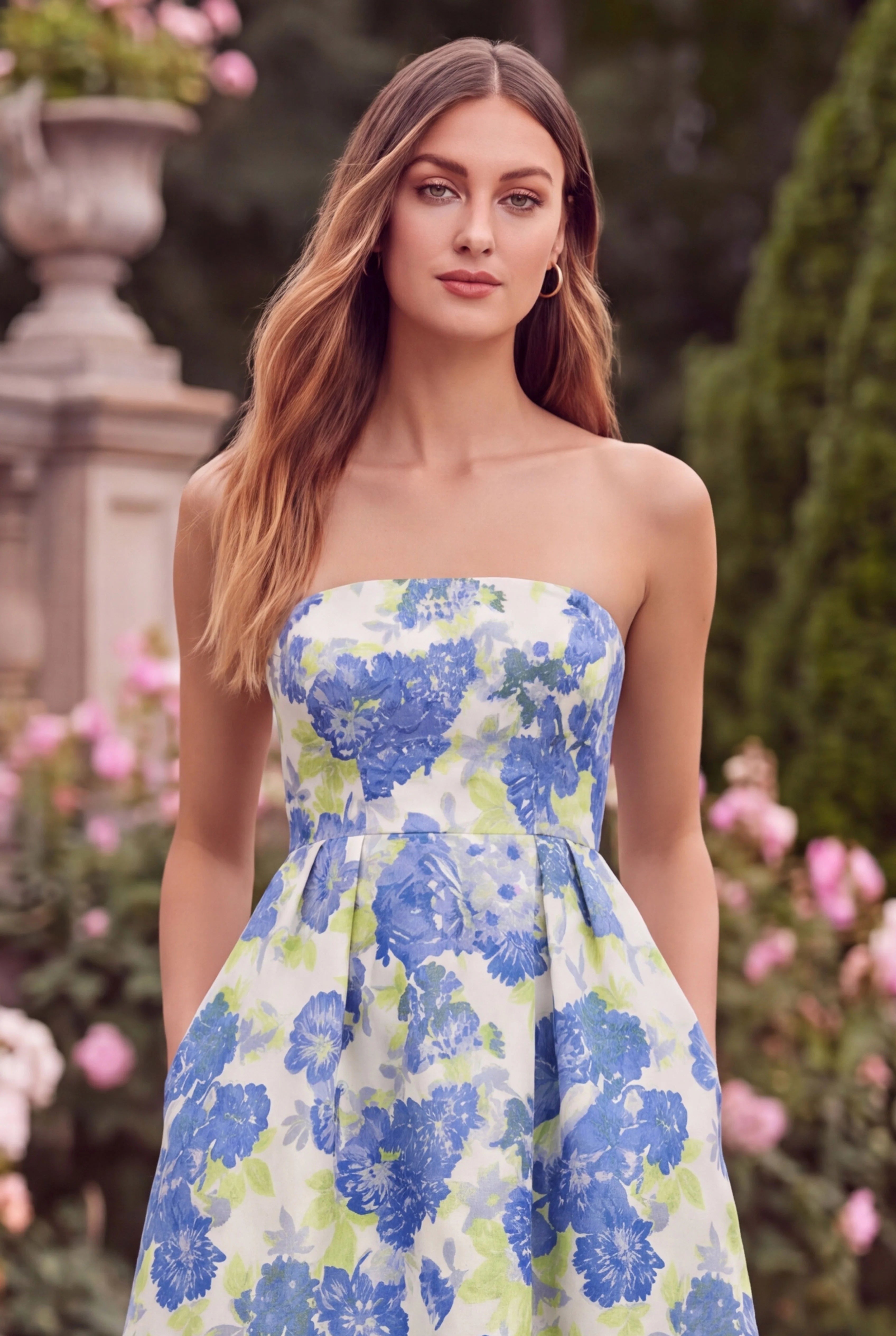 Strapless Blue Floral A Line Wedding Guest Dress with Pockets