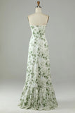 Green Asymmetrical Strapless Print High Low Bridesmaid Dress