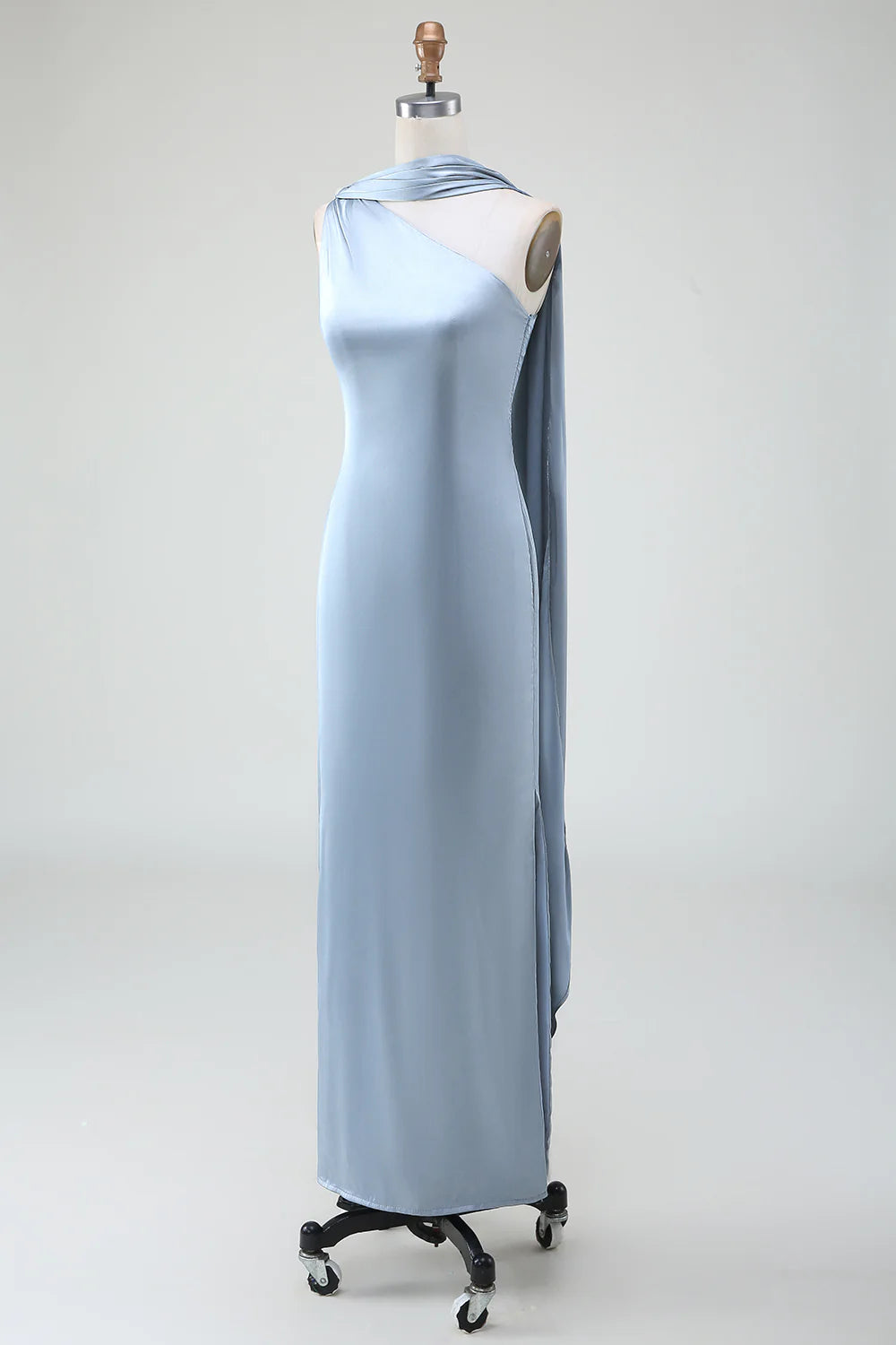 Sheath One Shoulder Convertible Long Satin Dusty Blue Bridesmaid Dress