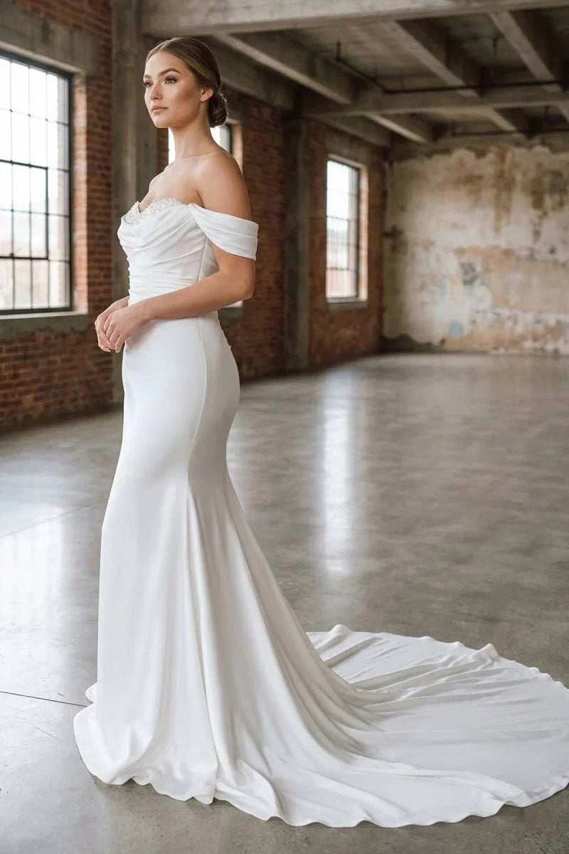 White Pearls Off the Shoulder Mermaid Long Wedding Dress