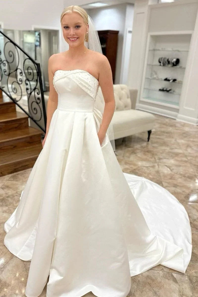 White Strapless Bow Back Pearls A Line Wedding Dress