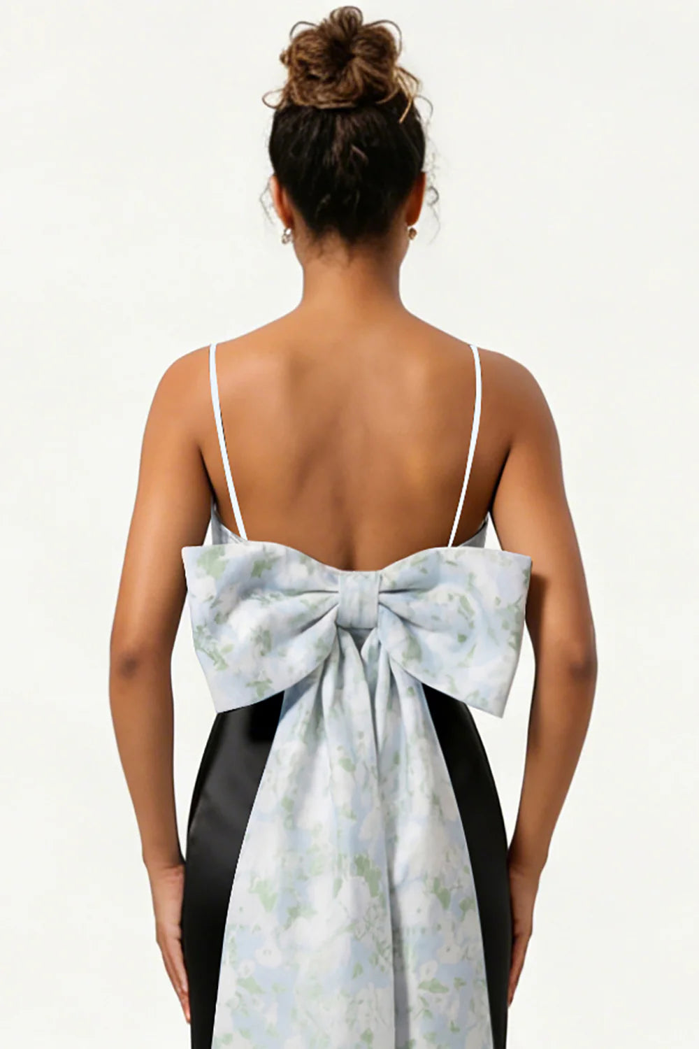 Blue Floral Spaghetti Straps Mermaid Satin Bridesmaid Dress with Bow