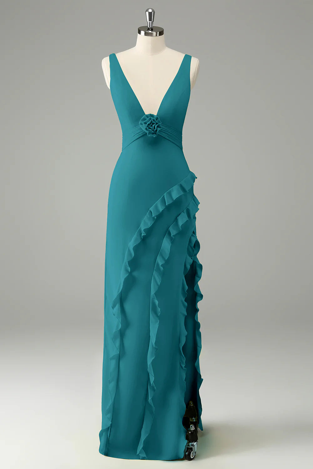 Lime A Line V Neck Floral Ruffle Open Back Bridesmaid Dress with Slit