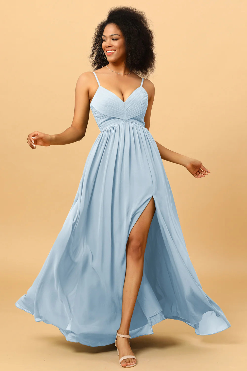 A Line Spaghetti Straps Ruched Long Chiffon Bridesmaid Dress with Slit