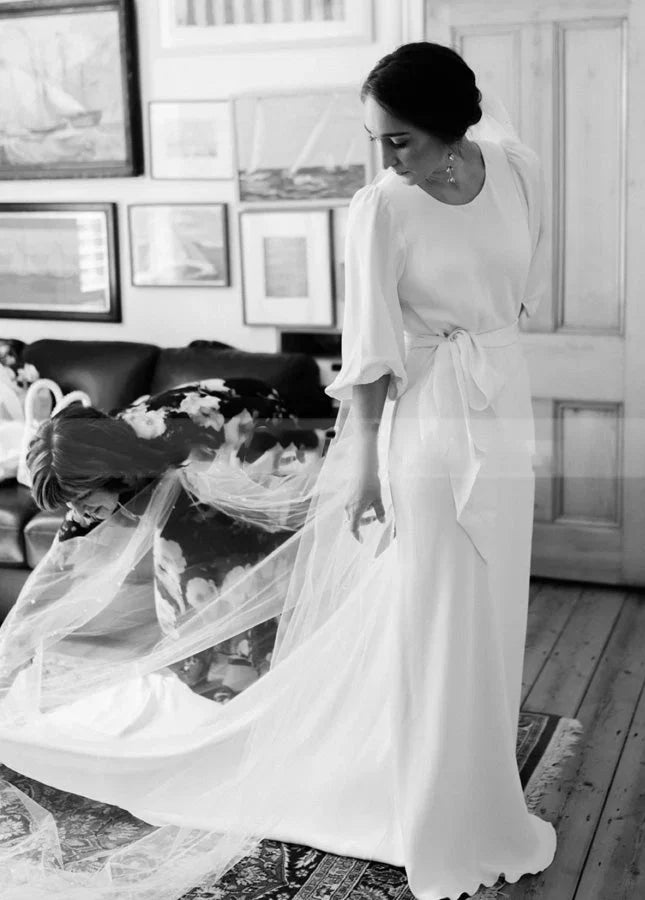 Simple Elegant Half Sleeves Crepe O Neck White Wedding Dresses with Sash