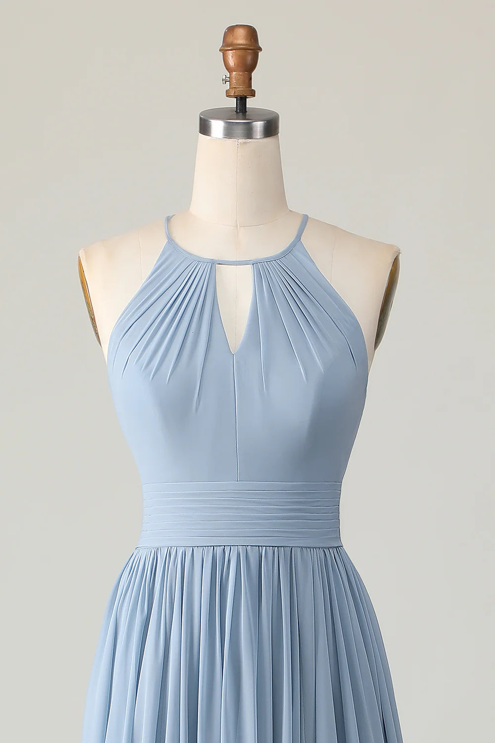 Dusty Blue Halter Ruched A Line Keyhole Chiffon Bridesmaid Dress