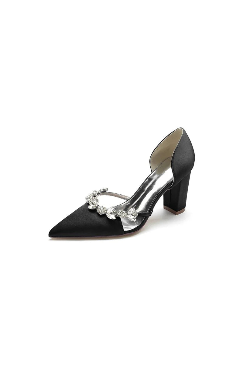 Crystal Strap Pointed Toe Block Heel Sandals