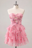 Strapless Tiered A Line Cut Out Floral Pink Homecoming Dress