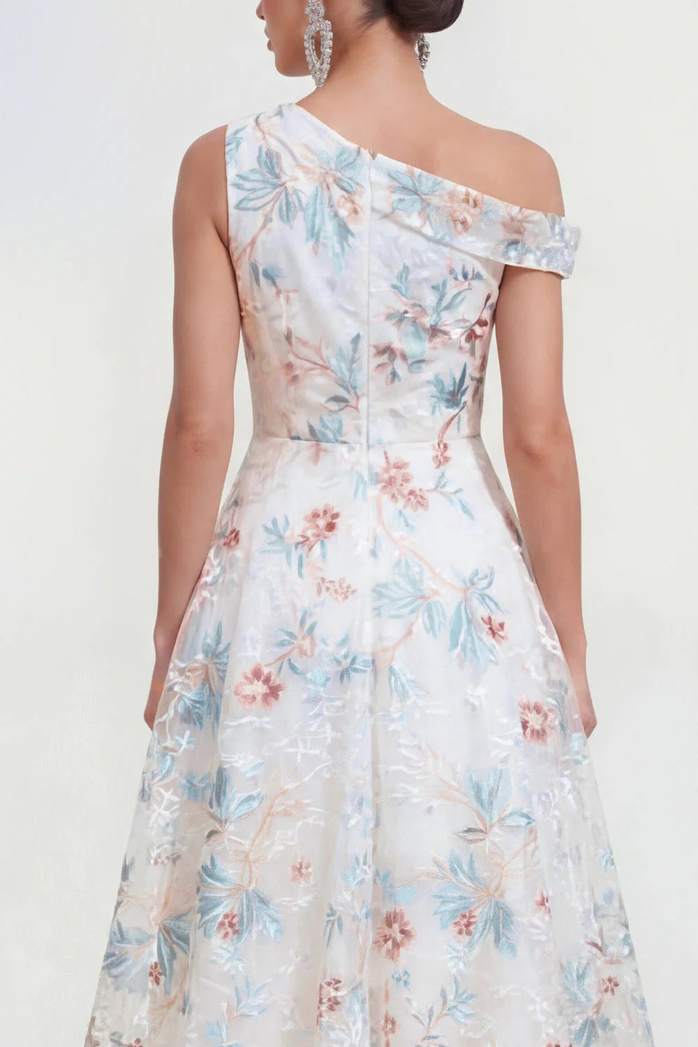 Asymmetrical Neck A Line White Floral Wedding Guest Dress