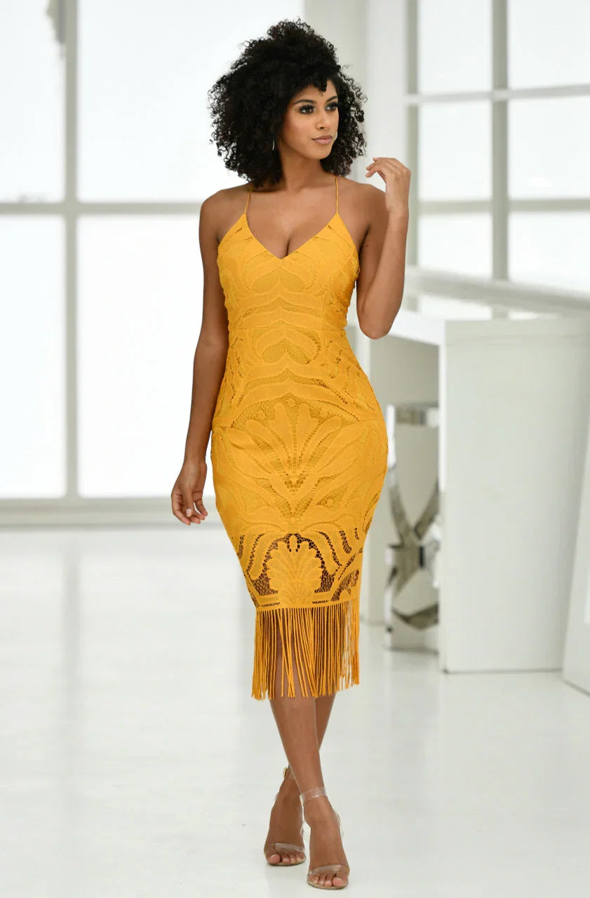 Khaleesi Dress Mustard Lace Dress With Fringe