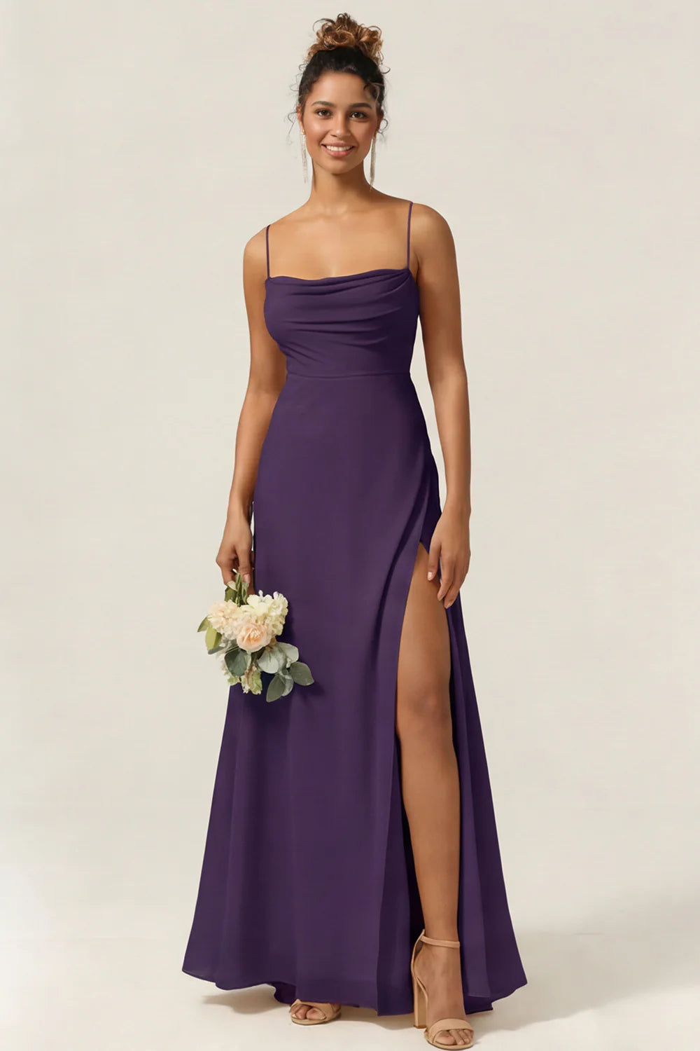 Blue Flower A Line Spaghetti Straps Chiffon Long Bridesmaid Dress with Slit