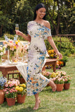 One Shoulder Sheath Ivory Floral Wedding Guest Dress