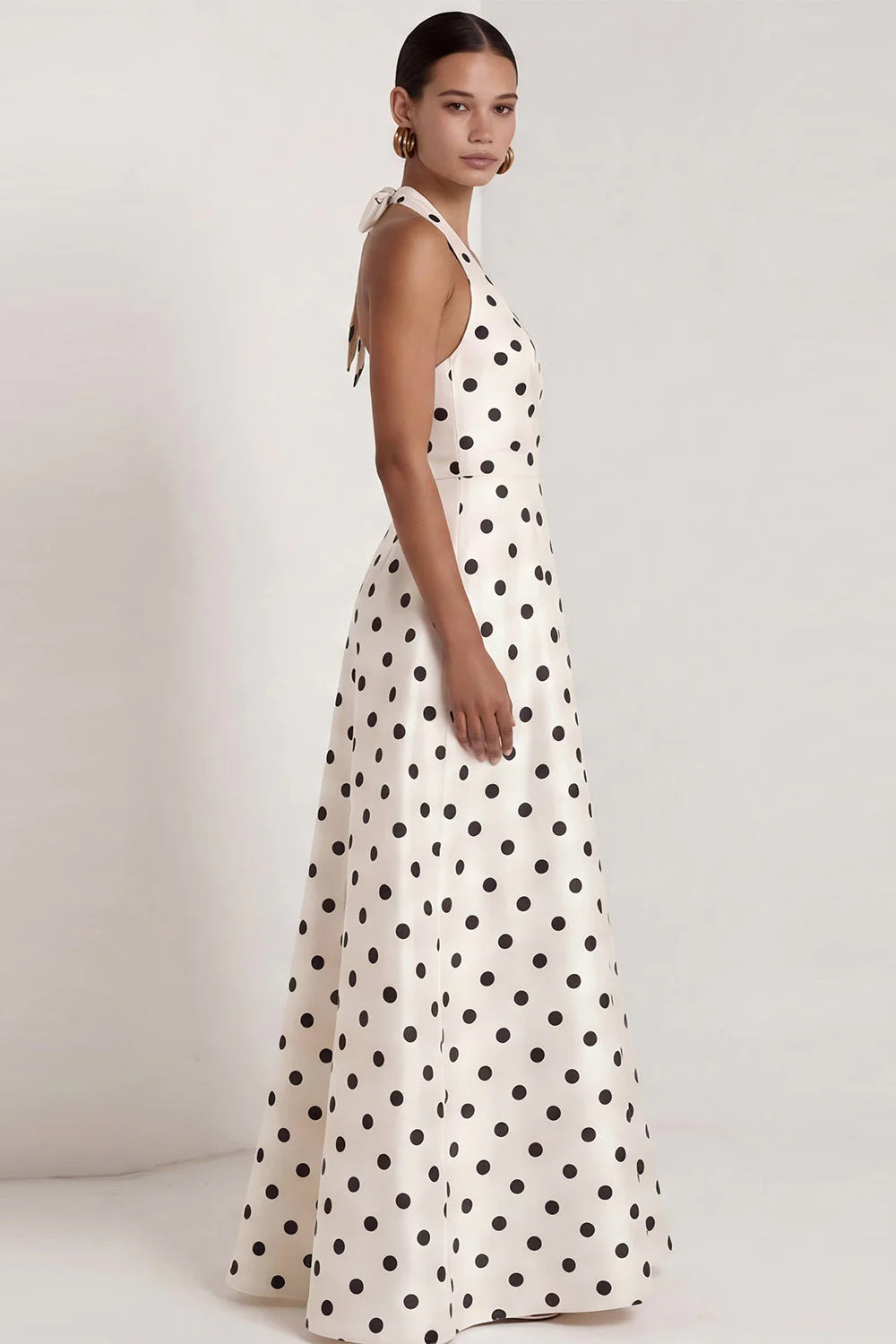 Halter White Black Polka Dot A Line Formal Dress with Slit