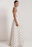 Halter White Black Polka Dot A Line Formal Dress with Slit