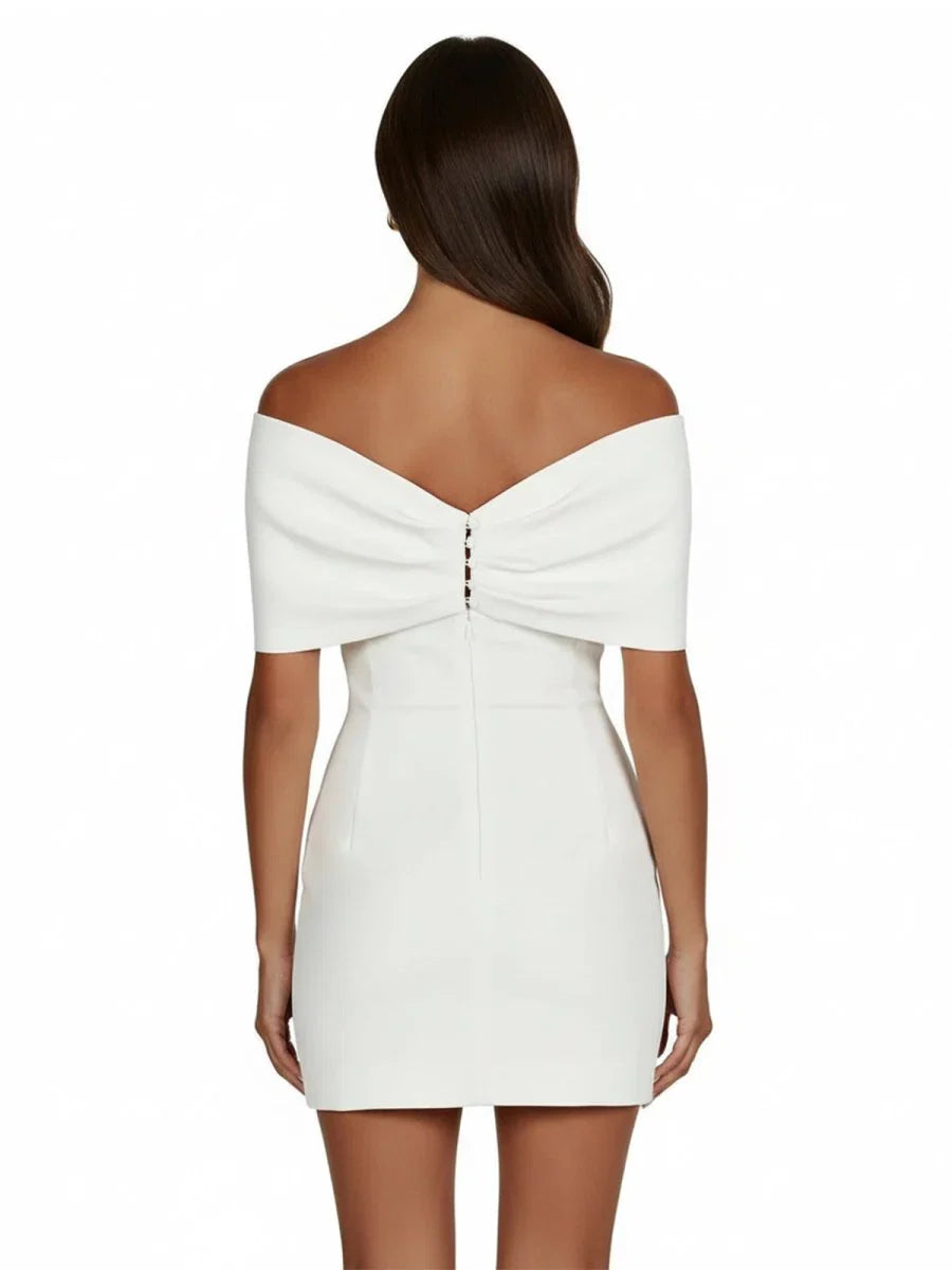 Sheath Off The Shoulder Sleeveless Satin Short Mini Wedding Dress With Bow