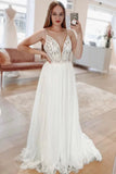 Simple White A Line Boho Long Chiffon Wedding Dress with Lace Appliques