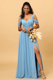 Steel Blue A Line V Neck Cold Shoulder Chiffon Bridesmaid Dress