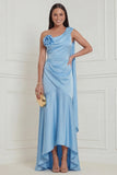 Sky Blue One Shoulder A Line 3D Flower High Low Wedding Guest Dress with Sash