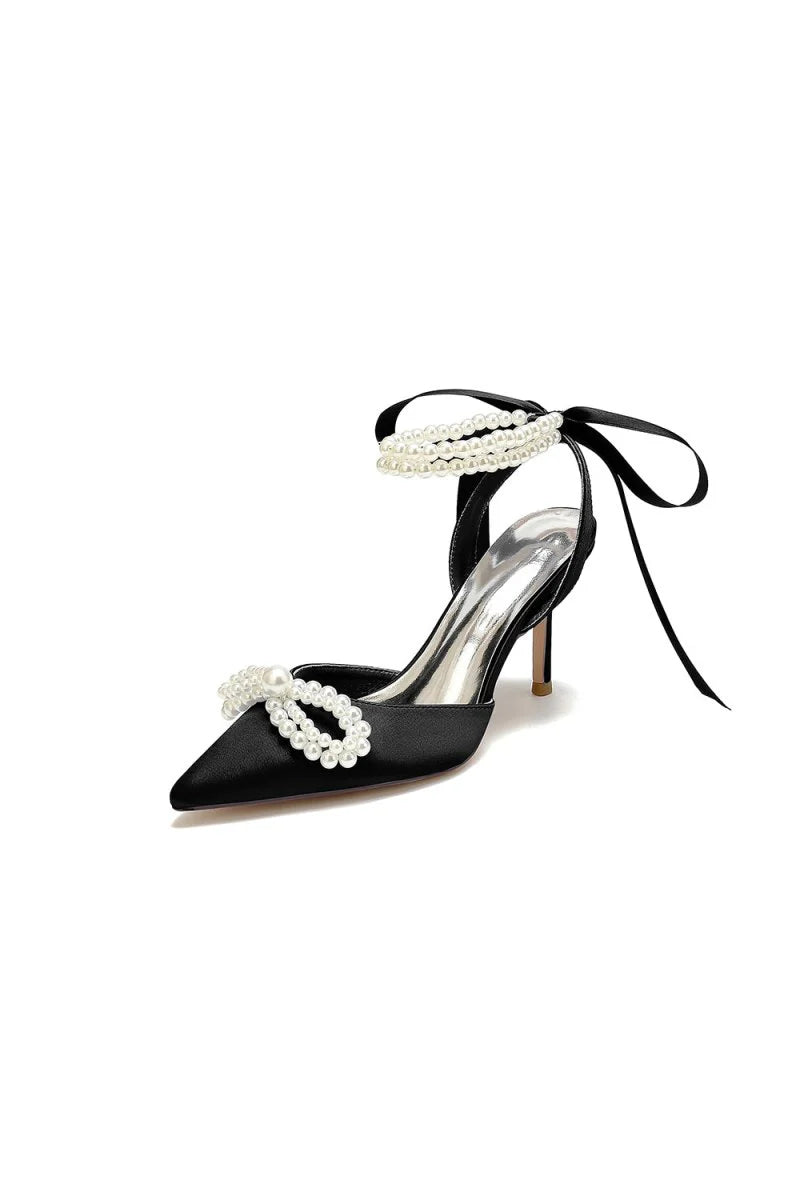 Pointed Toe Pearl Strap with Ribbon Tie