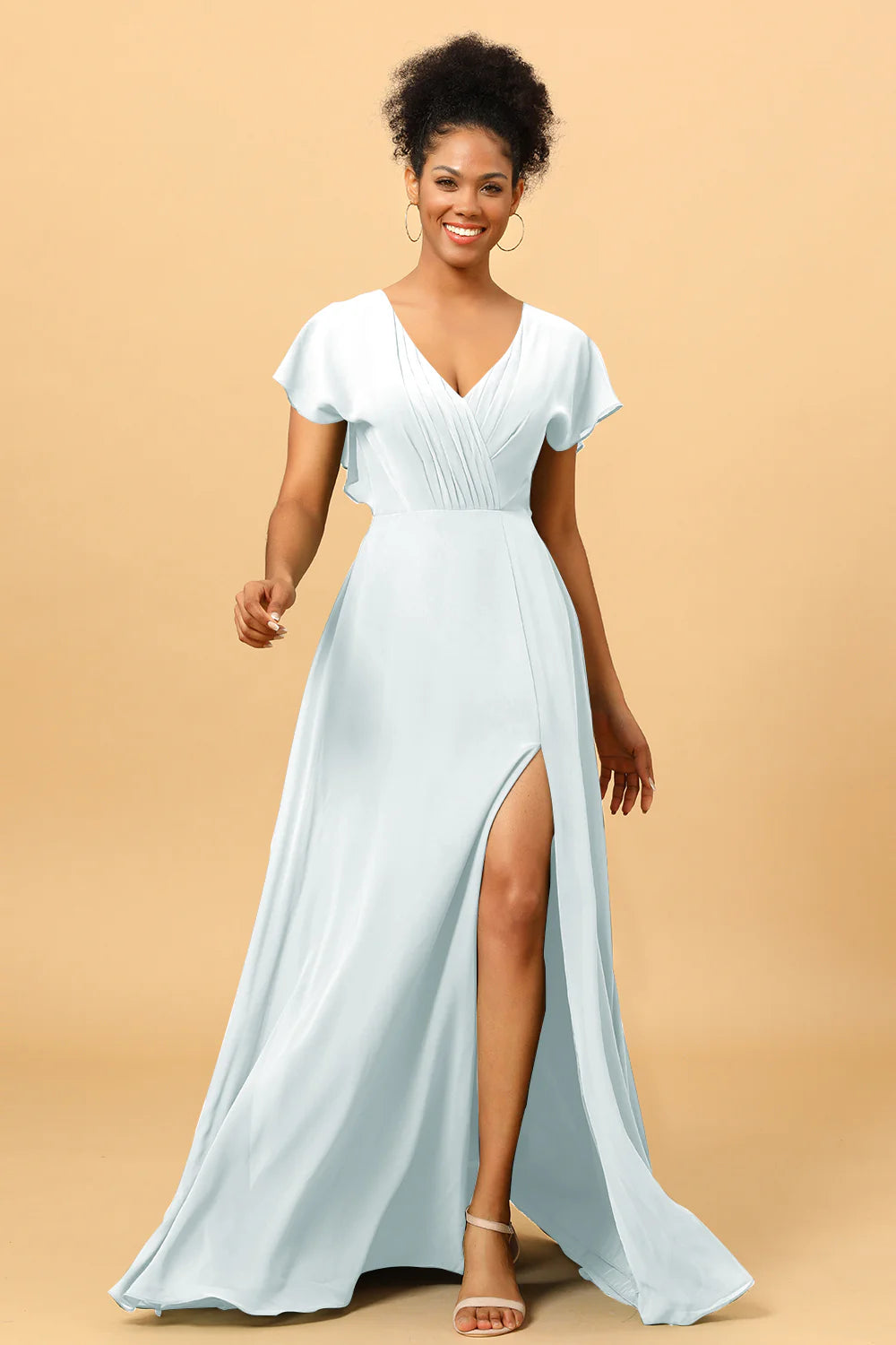 A Line V Neck Ruched Chiffon Bridesmaid Dress with Slit
