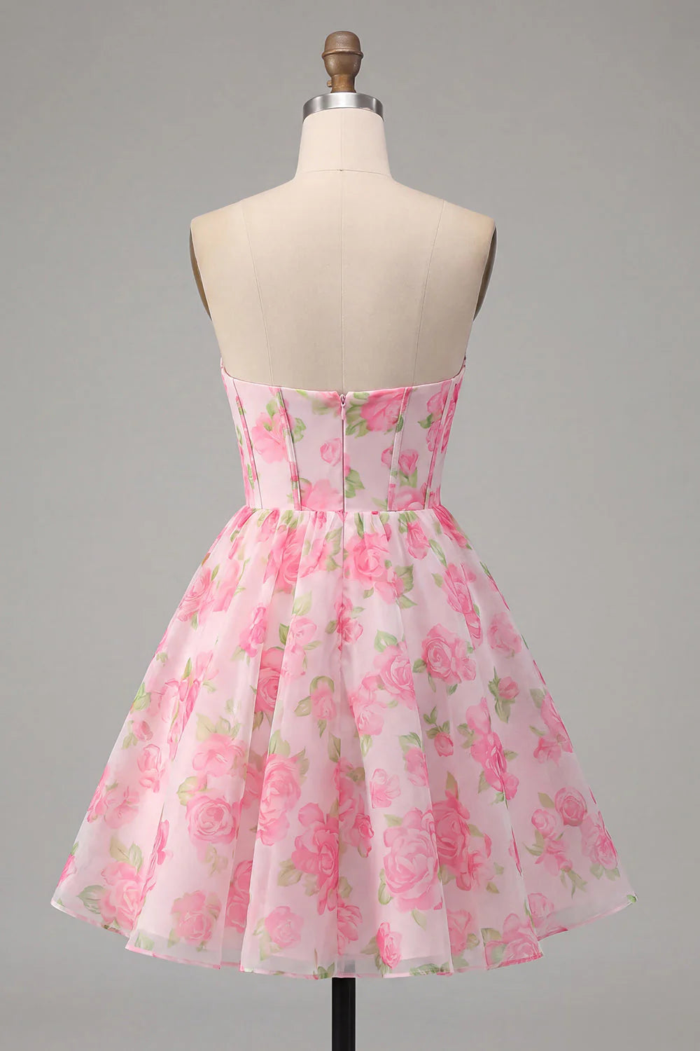 Strapless Corset A Line Floral Print Pink Homecoming Dress