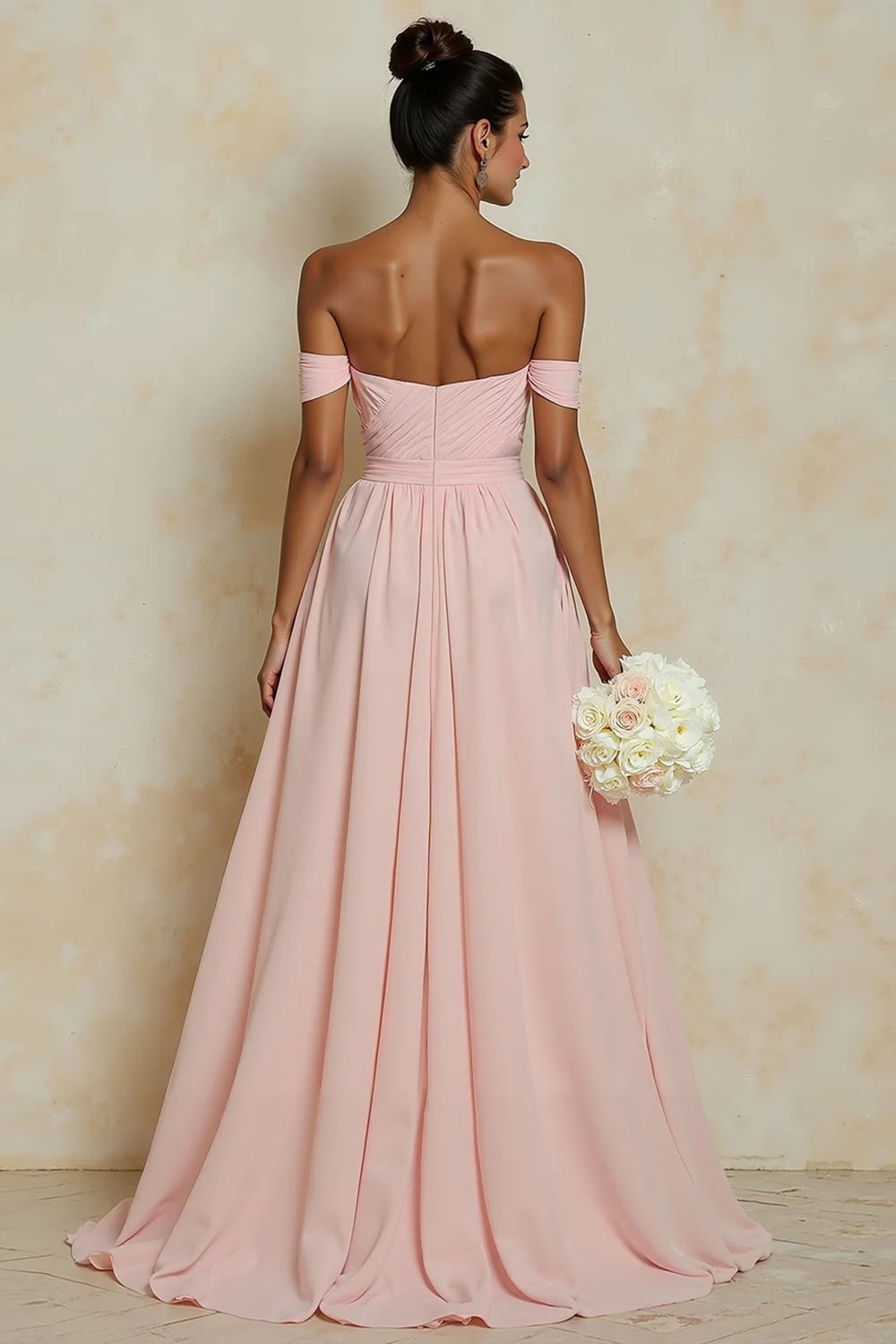 Blush Pink A Line Off the Shoulder Cut Out Long Bridesmaid Dress with Slit