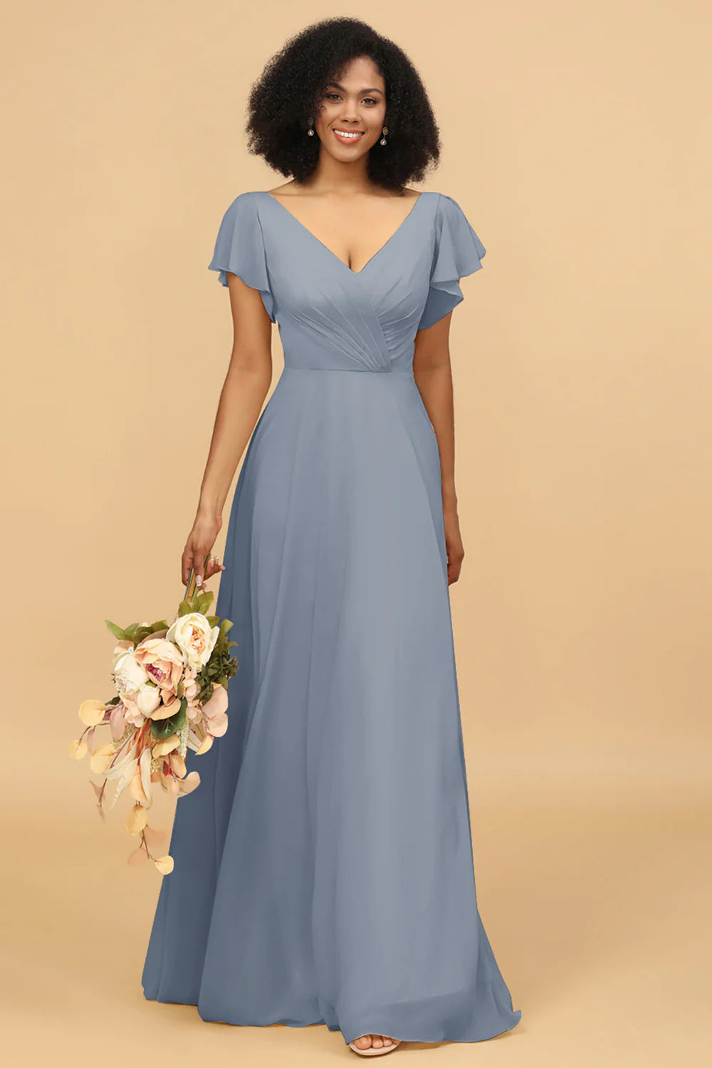 V Neck Cape Long Floor Length Chiffon Bridesmaid Dress