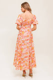 ISLAND FLOWERS PUFF SLEEVE MIDI DRESS CORAL
