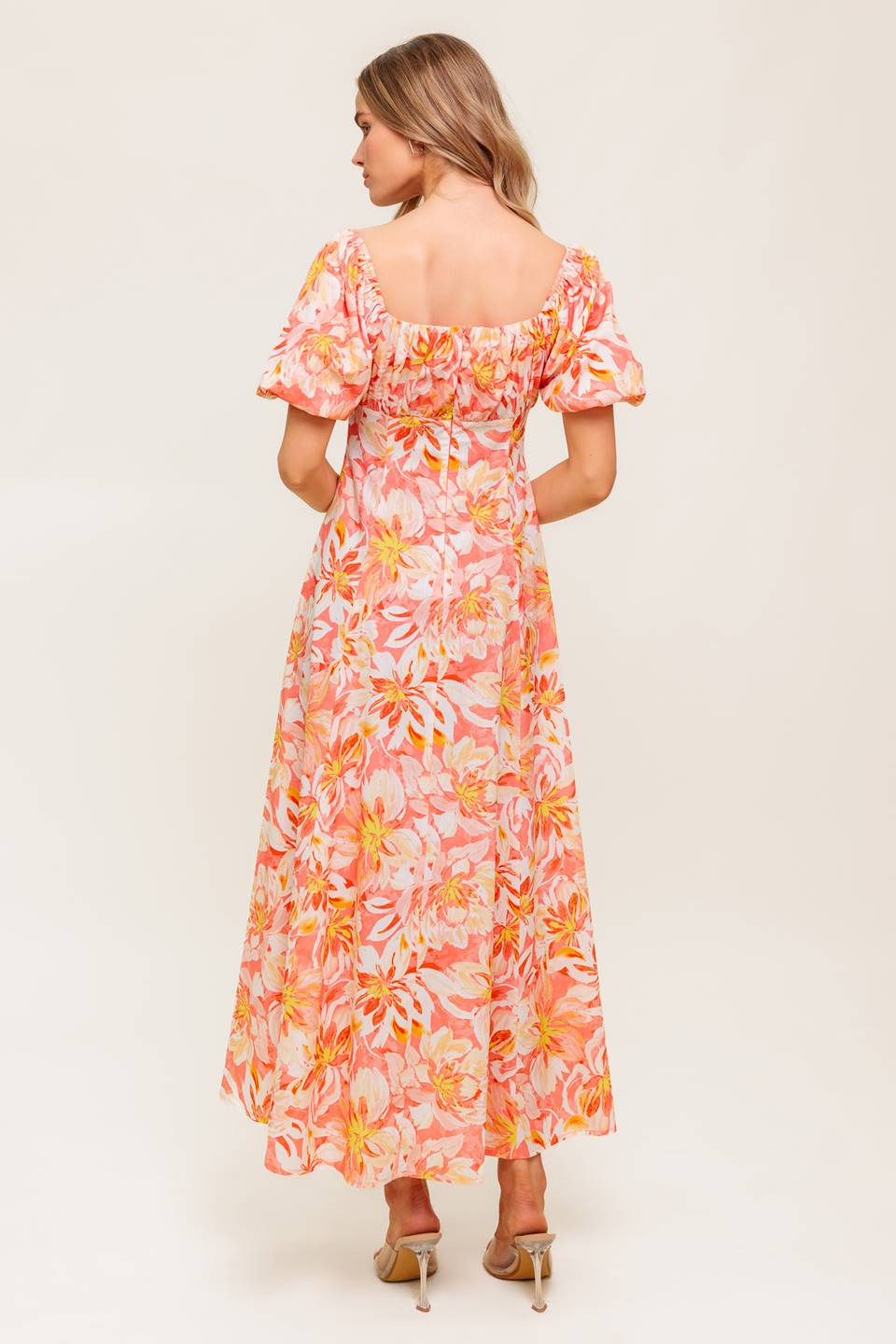 ISLAND FLOWERS PUFF SLEEVE MIDI DRESS CORAL FINAL SALE