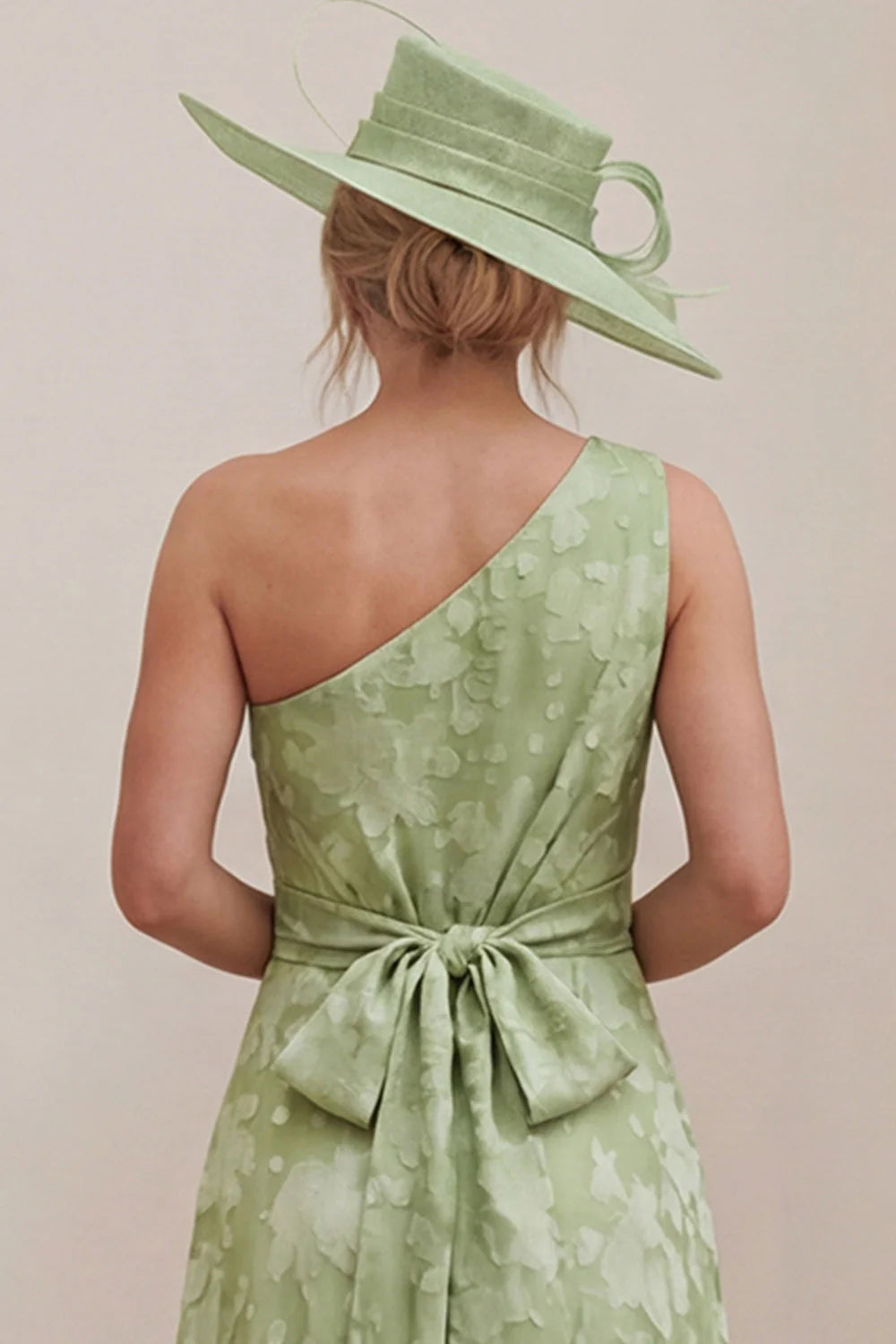 One Shoulder A Line Sage Green Floral Mother of the Bride Dress with Back Bow