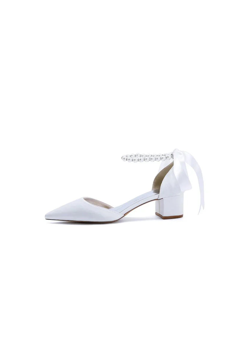 Pointed Toe Satin Pearl Ankle Strap Block Heels With Ribbon Tie