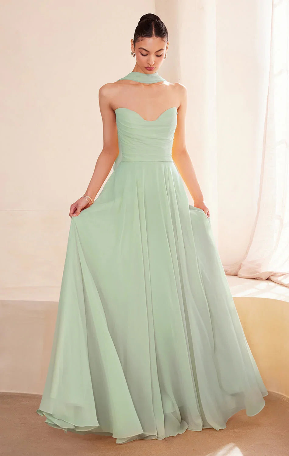 Ella Gown A line Strapless Chiffon Dress With Scarf
