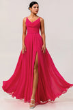 Hot Pink Cowl Neck A Line Chiffon Long Bridesmaid Dress with Slit