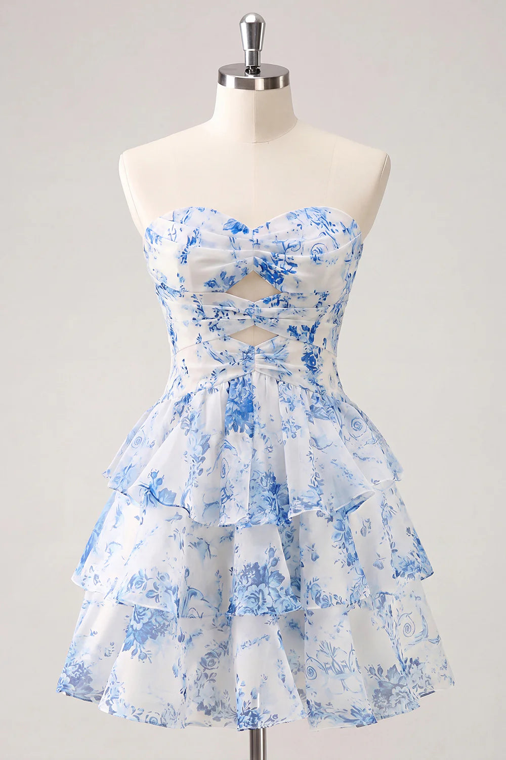 Strapless Tiered A Line Cut Out Floral Pink Homecoming Dress