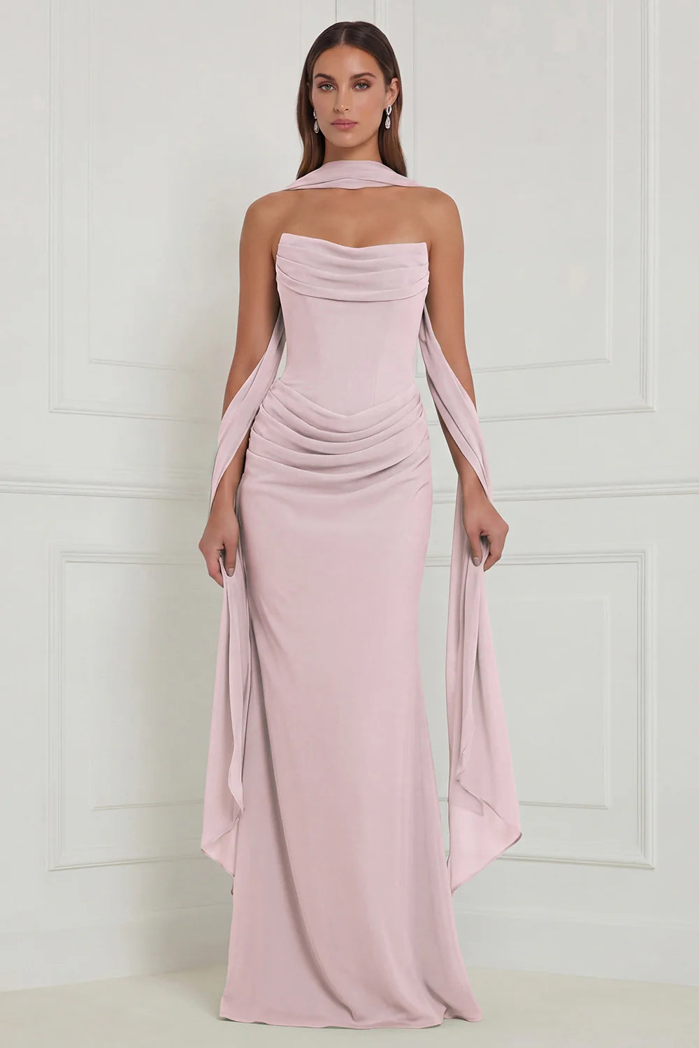 Strapless Ruched Sage Bridesmaid Dress with Scarf