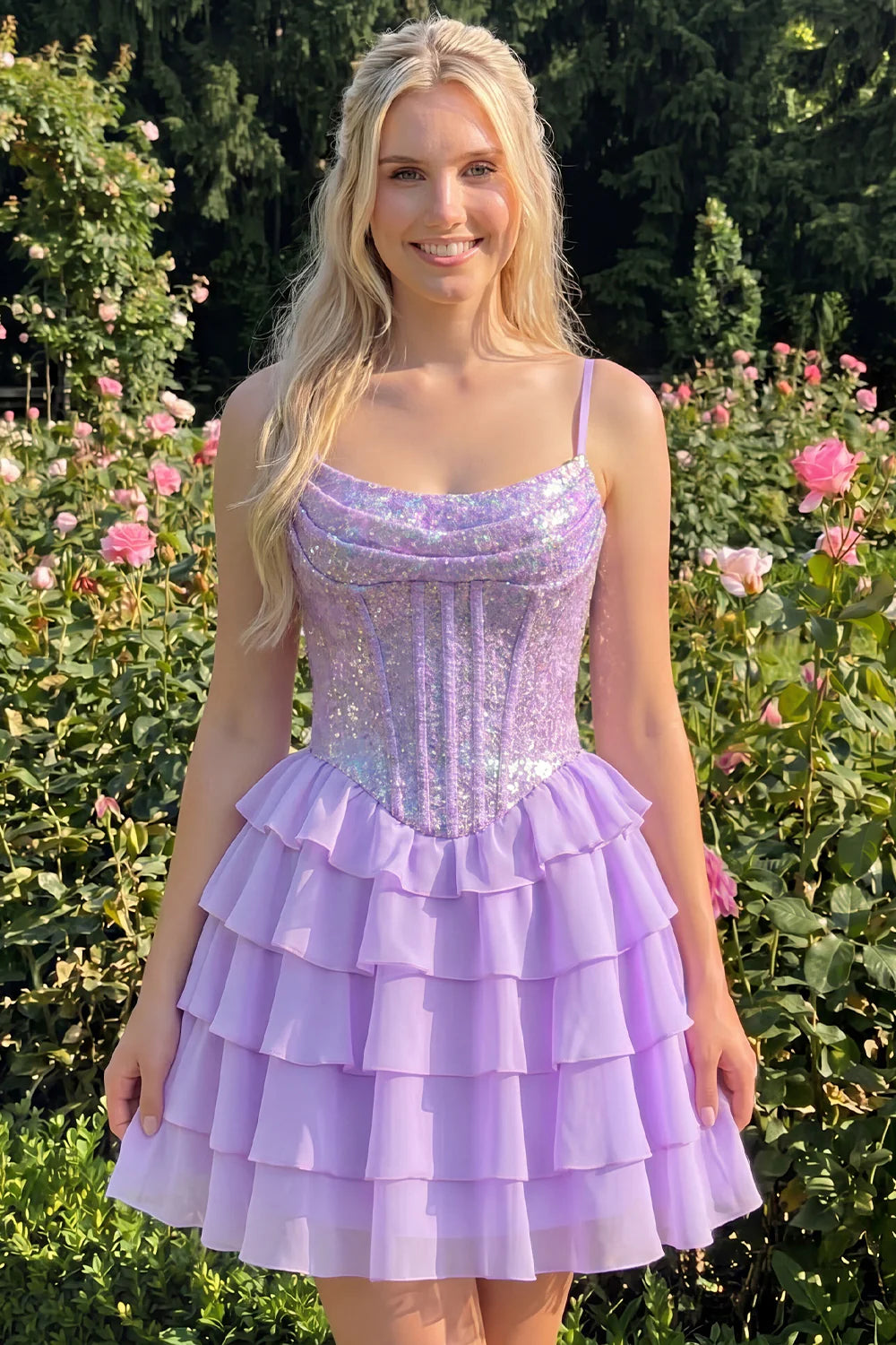 Champagne A Line Sequin Tiered Ruffle Short Homecoming Dress