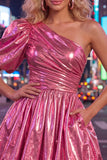 Metallic Hot Pink One Shoulder A Line Homecoming Dress with Puff Sleeve