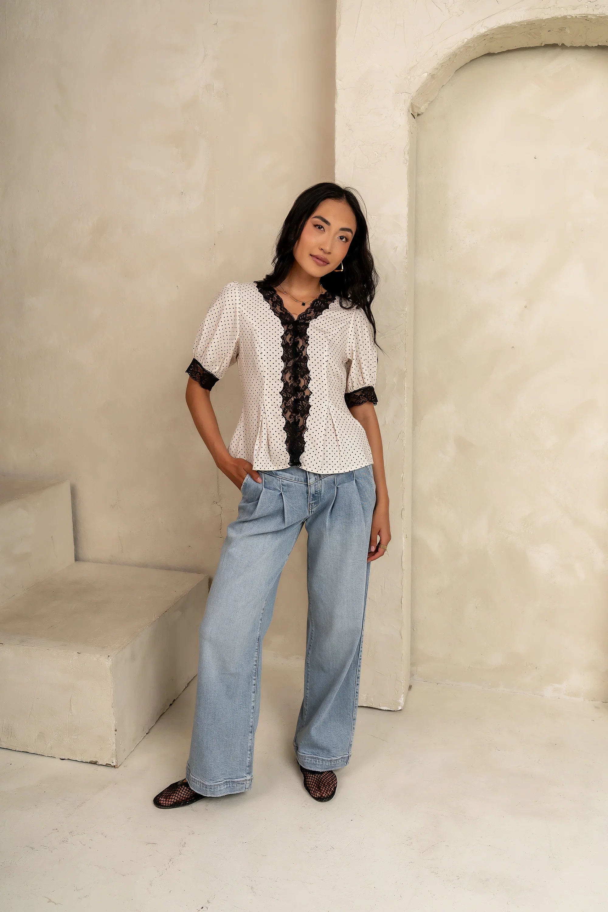 Angie Lace Trim Blouse in Cream FINAL SALE