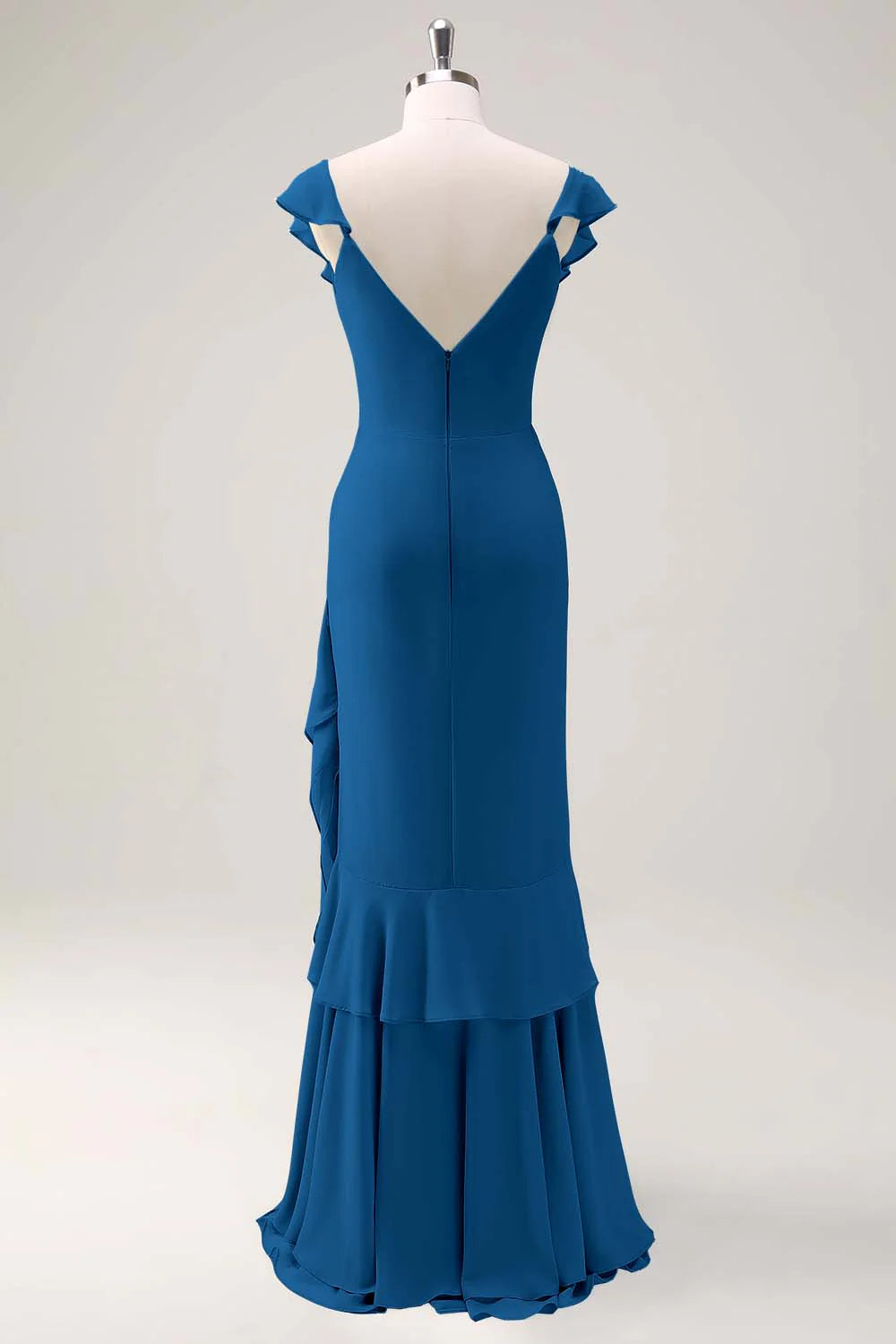 Dusty Sage Sheath V Neck Open Back Chiffon Long Bridesmaid Dress with Ruffles