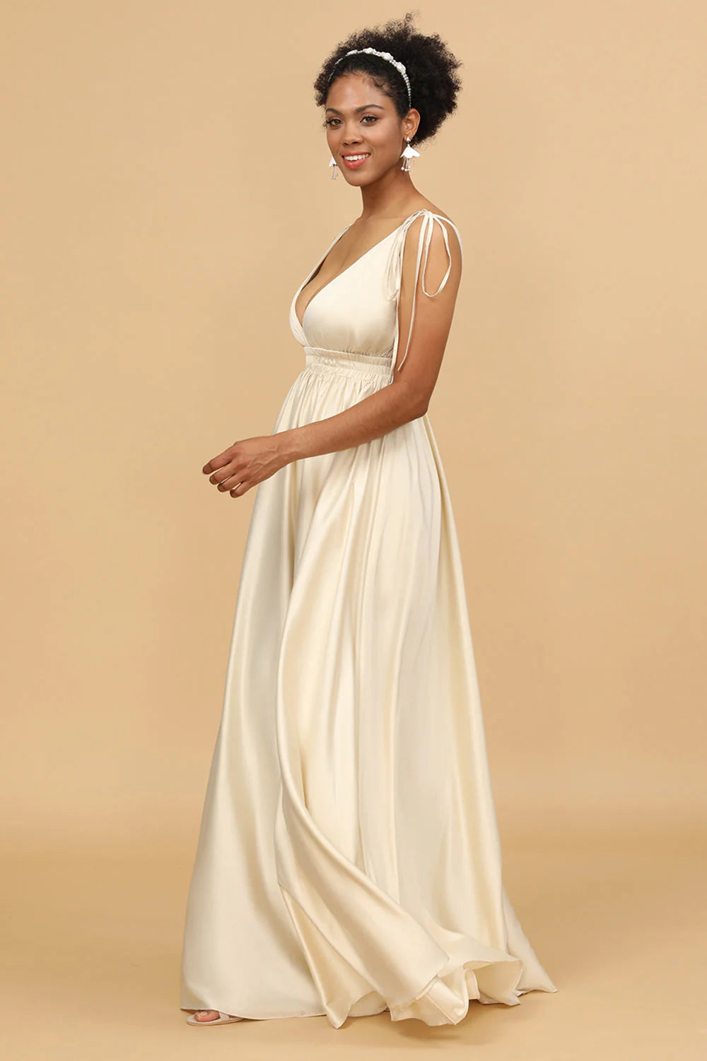 Ivory A Line Deep V Neck Backless Long Bridesmaid Dress
