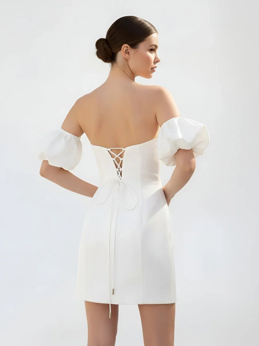 Short Satin White Wedding Dress Strapless Off the Shoulder