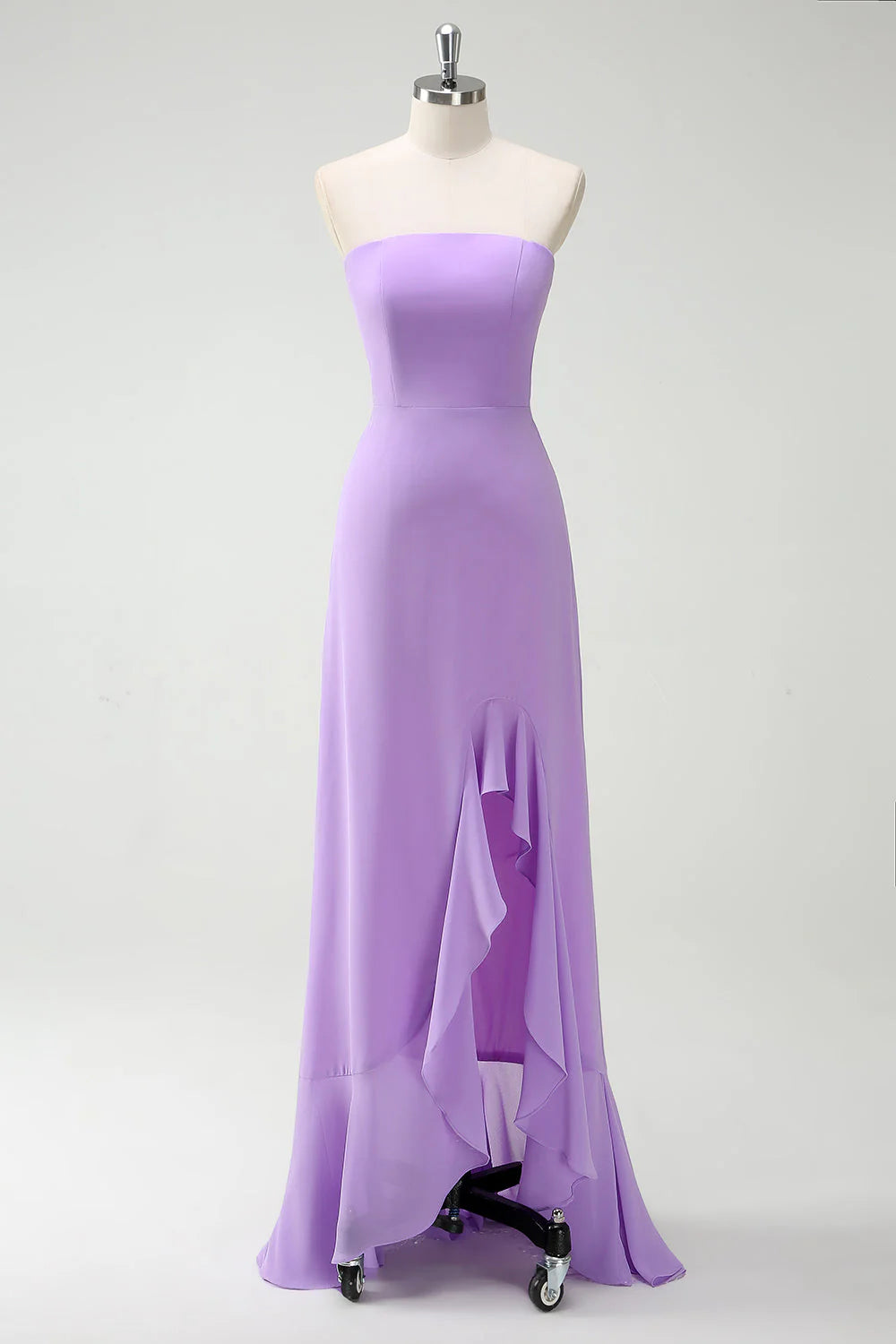 Purple A Line Strapless Lace Up Back Ruffled Long Bridesmaid Dress with Ruffled Slit