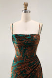 Dark Green Mermaid Corset Streamer Long Floral Burnout Velvet Dress with Slit