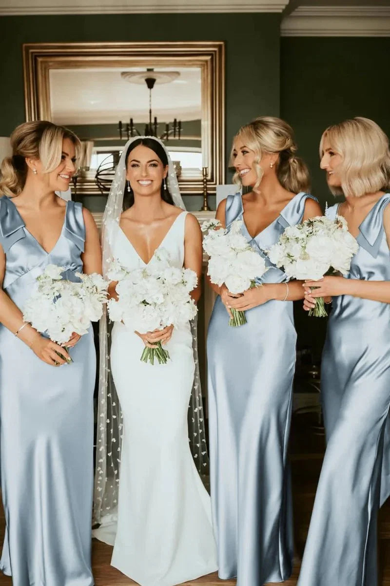 Sheath V Neck Sage Green Silk Satin Bridesmaid Dress with Bow