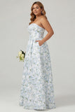 Strapless Blue White Floral Print A Line Long Satin Plus Size Bridesmaid Dress with Pockets