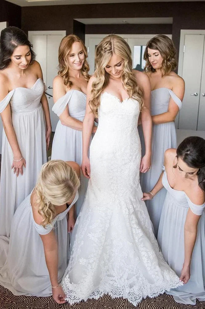 Off the Shoulder A line Light Grey Chiffon Long Bridesmaid Dress